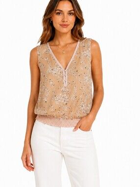 TRISTAN Women’s Sleeveless Floral Embroidered Blouse V-Neck Smocked Hem Beige- L